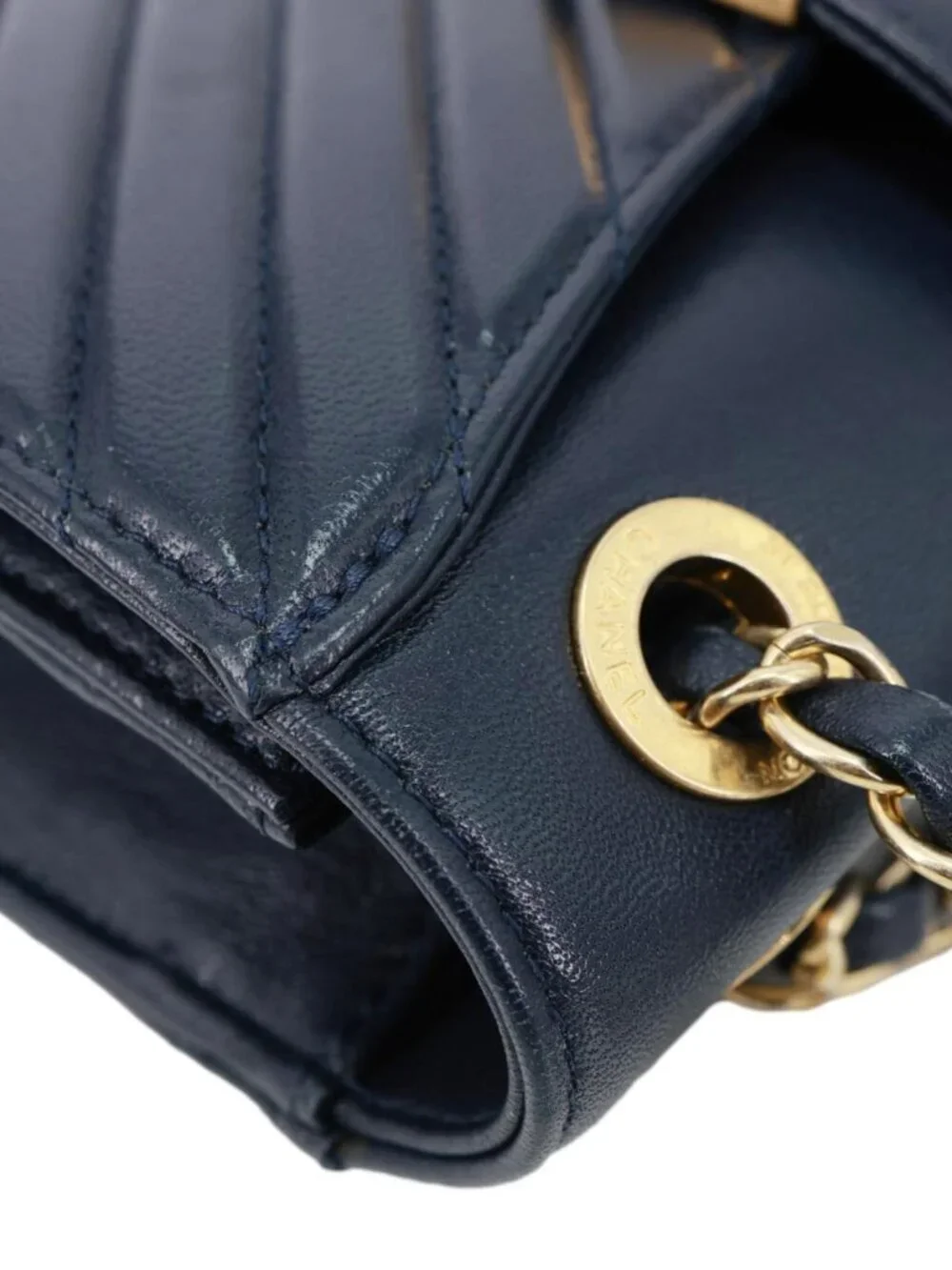 Chanel  Collar and Tie Flap Mini Chevron Sheepskin Leather Crossbody Bag Navy Bl